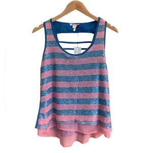 Marineblu || NWT Pink Blue Sequin Semi Sheer Striped Layered Hi Low Tank Top S